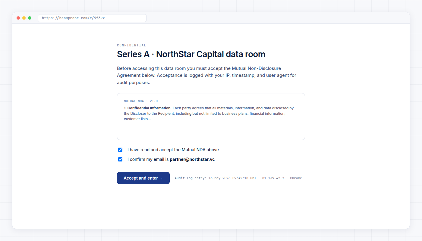 NDA acceptance gate before a buyer enters a UK M&A data room with audit log entry