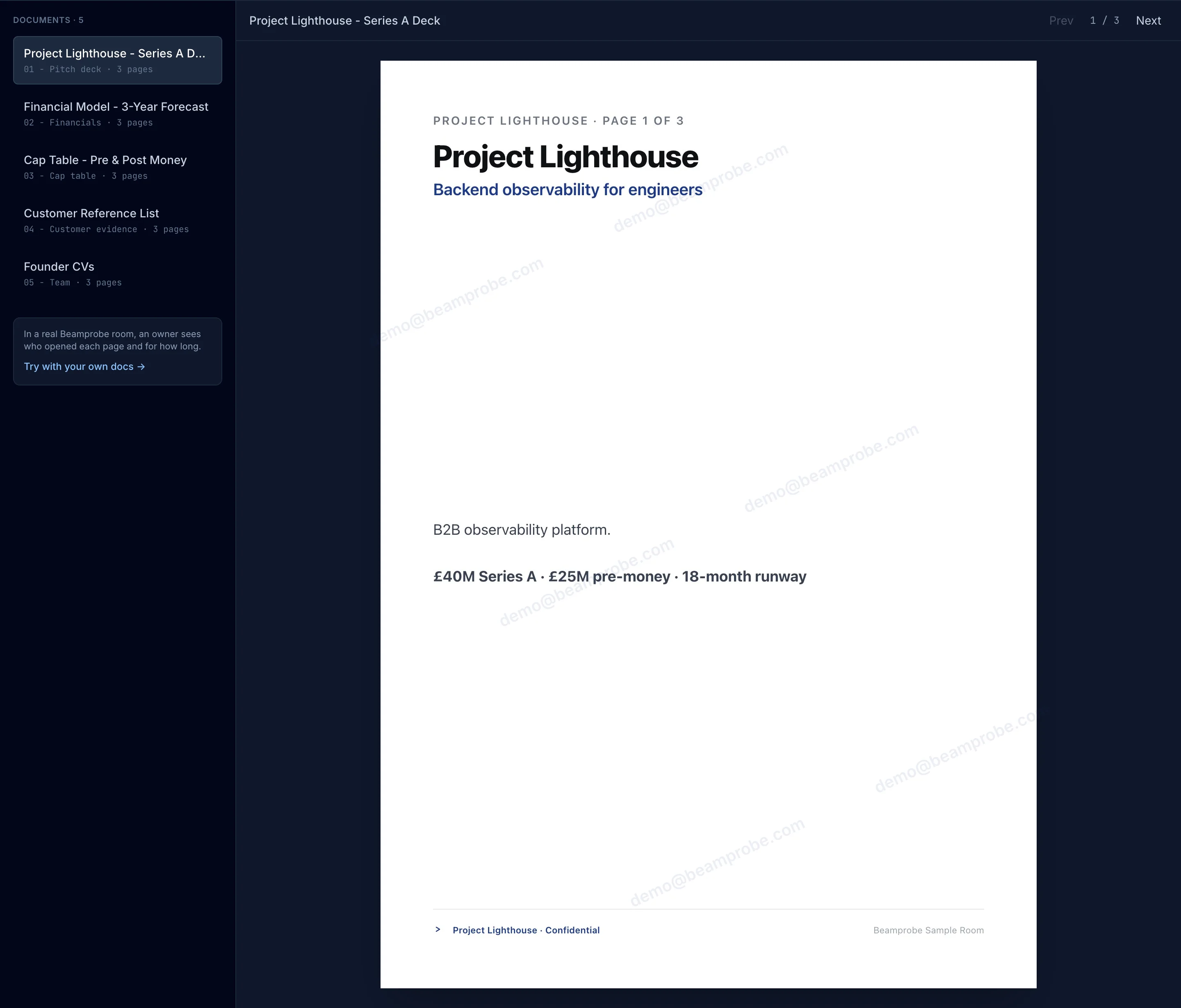 Beamprobe data room viewer with NDA-gated documents, per-page watermarking, and a 5-document Series A pack open on Project Lighthouse
