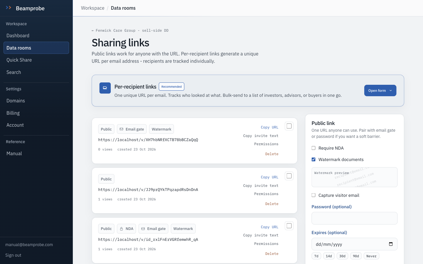 Beamprobe interface: Sharing, per recipient