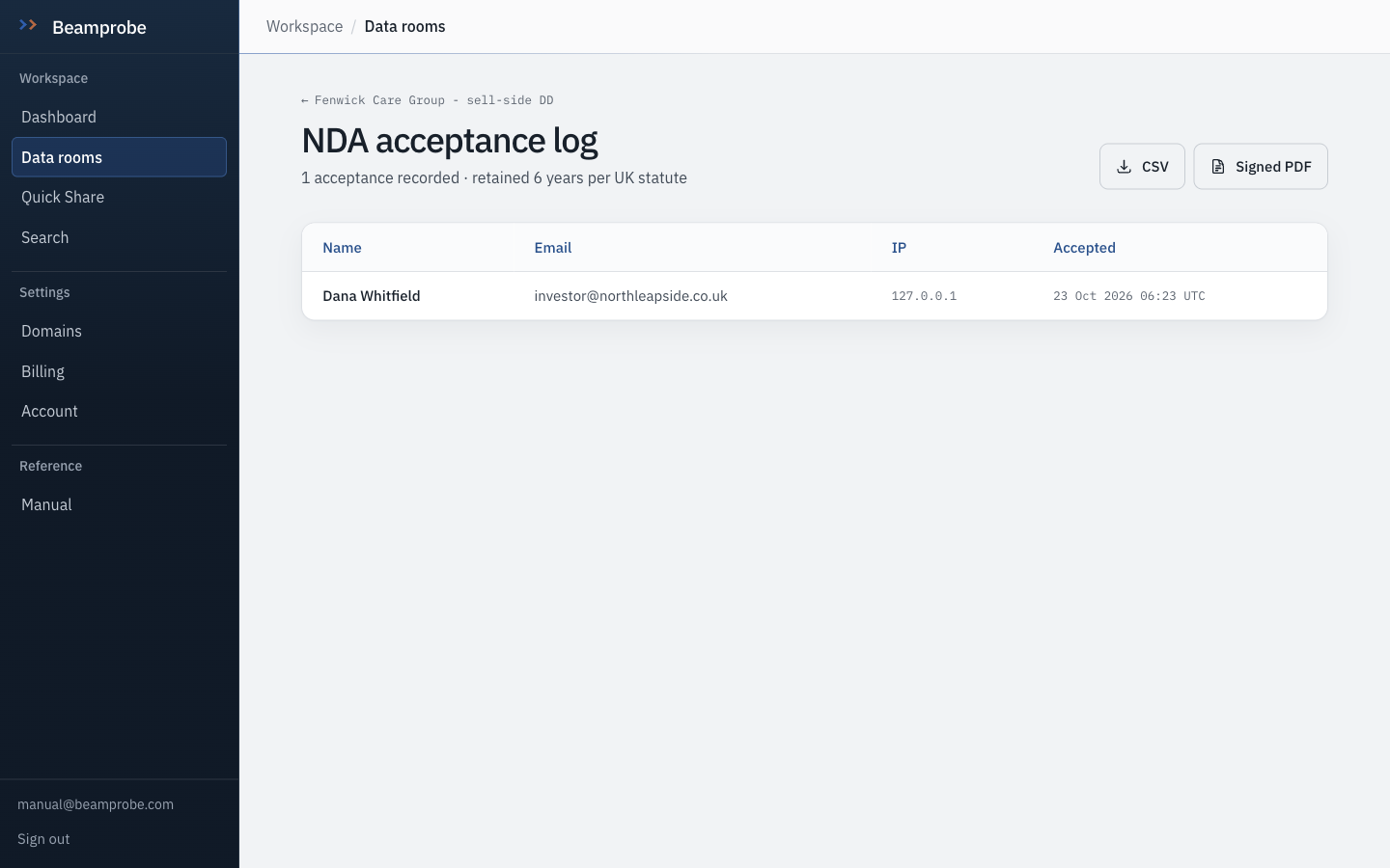 Beamprobe interface: NDA log, the evidence trail