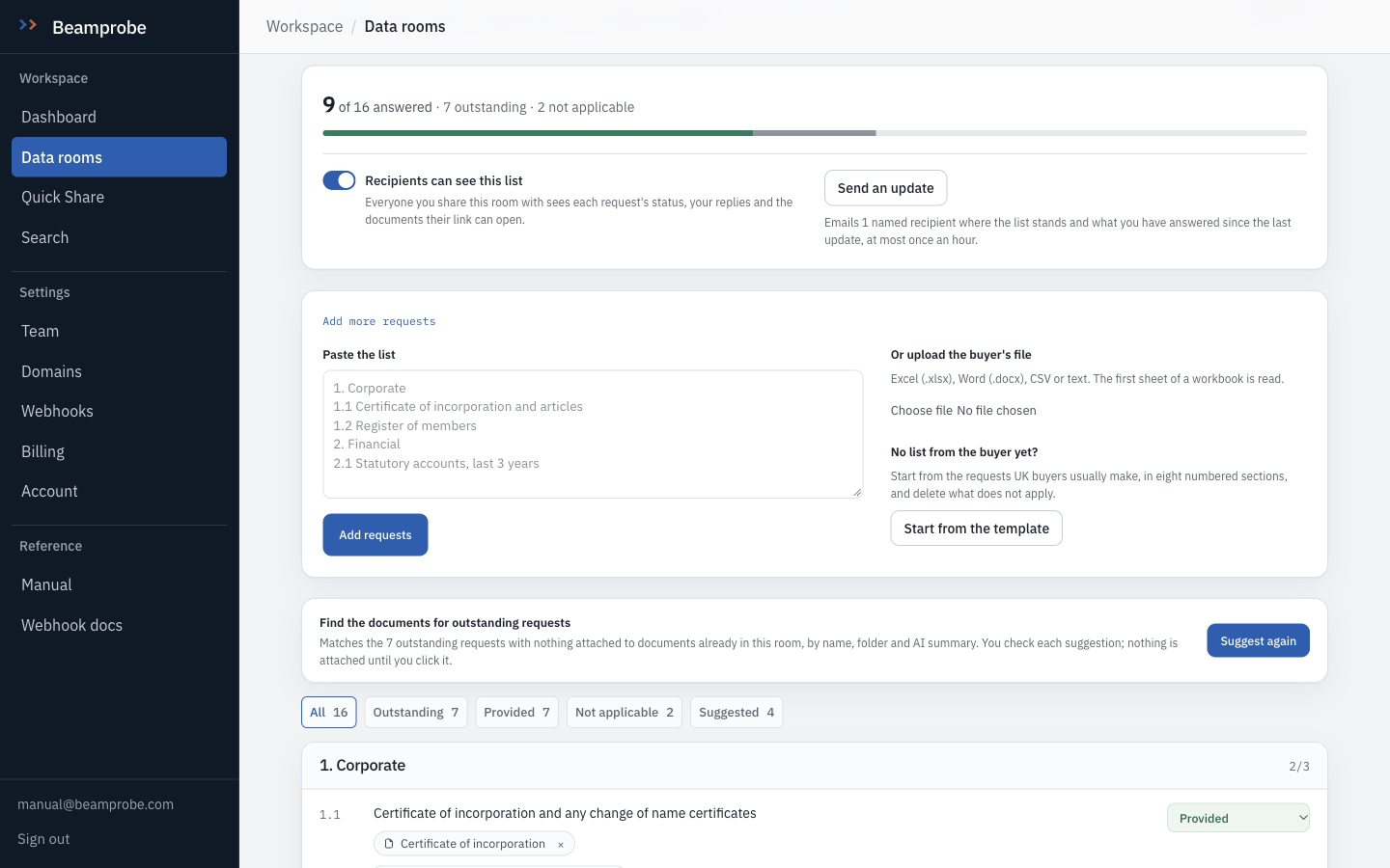 Beamprobe interface: Request list, bringing the buyer's list in