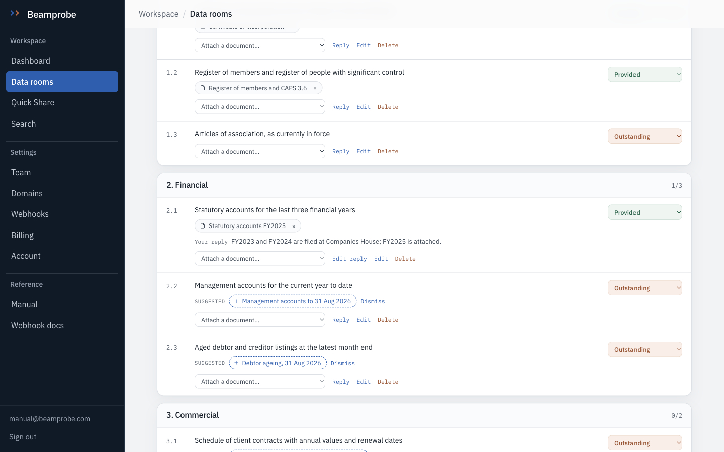 Beamprobe interface: Request list, answering a request