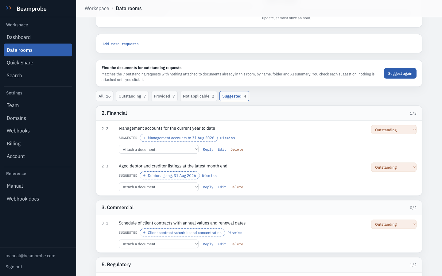 Beamprobe interface: Request list, suggested documents
