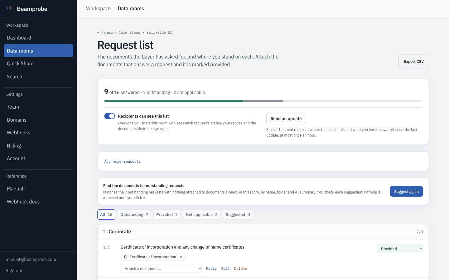 Beamprobe interface: Request list, progress and sharing