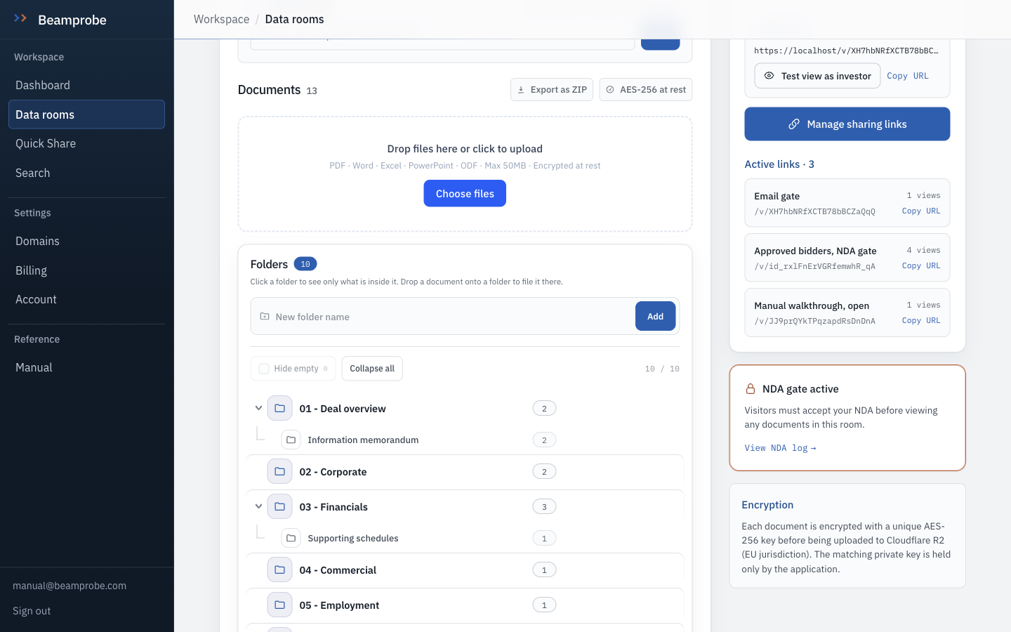 Beamprobe interface: Room, folders and documents